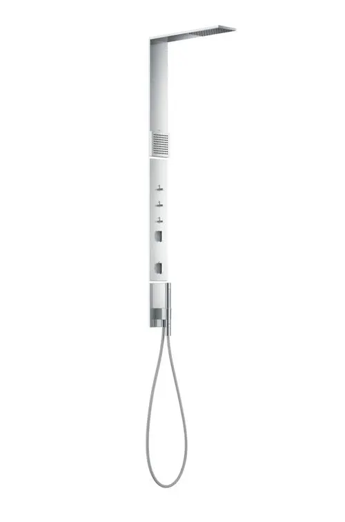 Duschpaneel von AXOR mit Kopfbrause und Schulterbrause, ausgestattet mit Thermostat und verschiedenen Wasserauslässen, in modernem Design und Chromausführung.